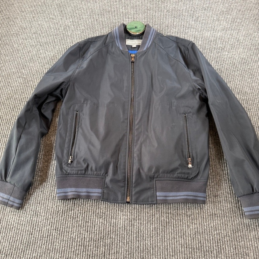 Michael Kors Bomber Jacket Lightweight Striped Trim‎ Full Zip Mens Medium Black